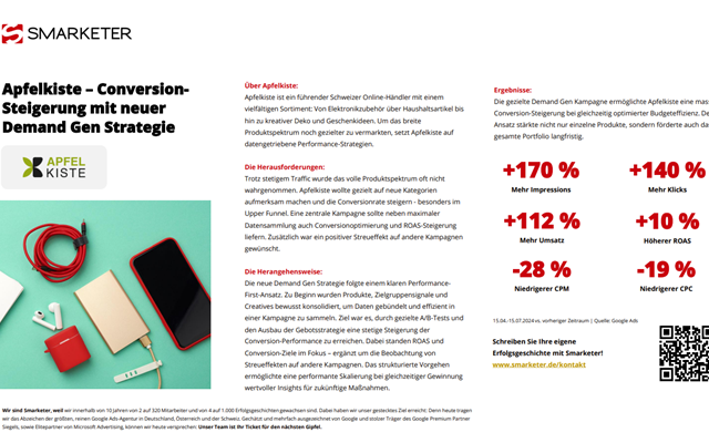 Smarketer GmbH | Google Ads Agentur Projet - Augmentation des conversions grâce à une nouvelle stratégie Demand Gen